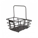 Topeak Urban Basket DX pannier bag for MTX QuickTrack, MIK, and Racktime racks, shown attached to bicycle rack.
