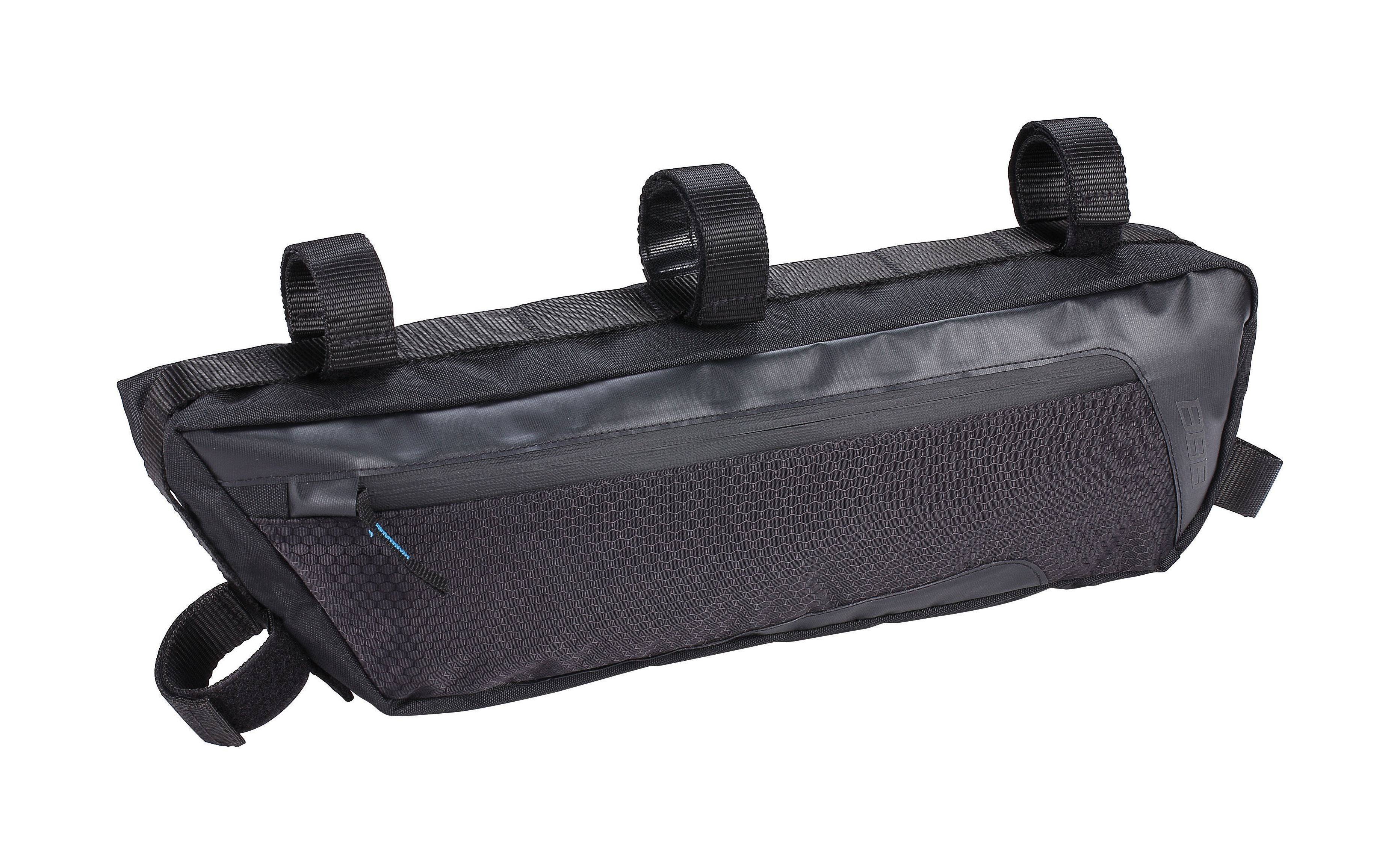 Black BBB BSB-142 Middle Mate bike frame bag with 4L capacity and water-resistant zippers attached to a bicycle frame.