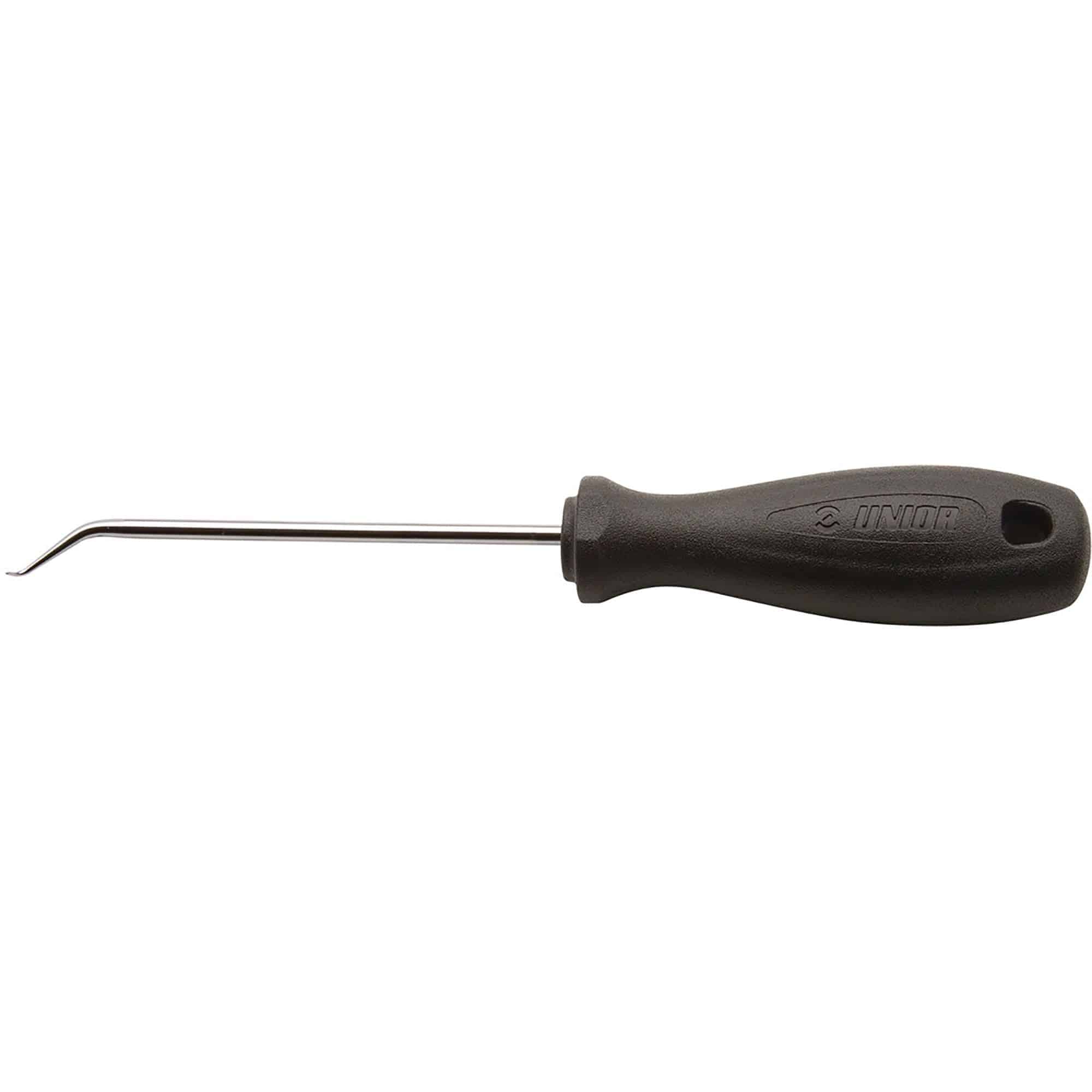 UNIOR 165mm awl with round double bent small blade for precision workshop tasks, shown in close-up image.