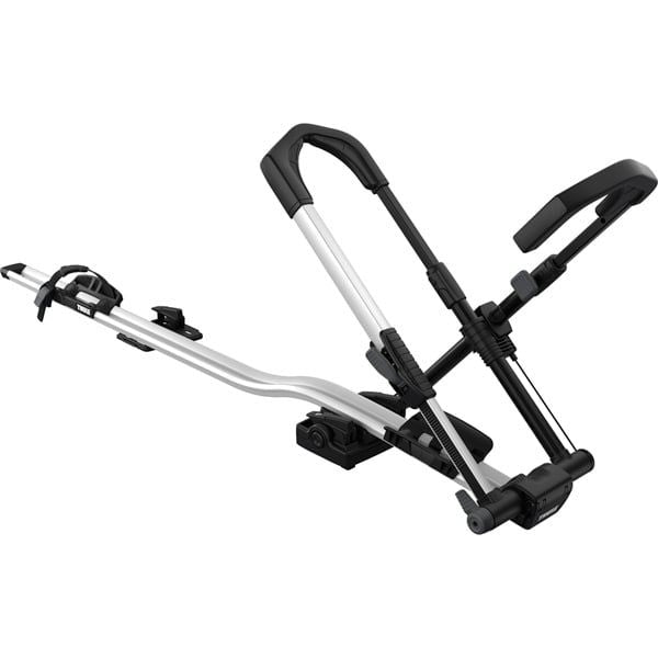 Thule 599 UpRide locking upright bike carrier for 20-29" wheels, made of aluminum with integrated lock security feature.