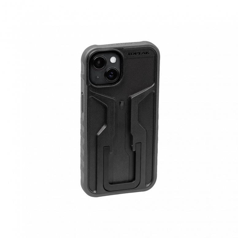 Topeak RideCase black iPhone 14 case with adjustable bike mount and flipstand, designed for cycling accessories.