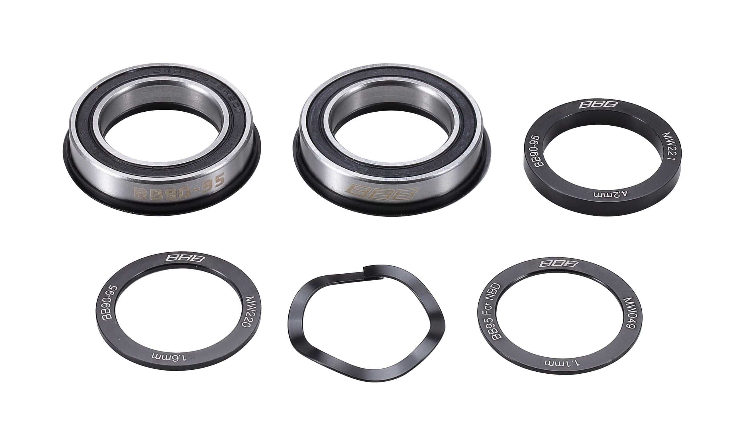 BBB BBO-26 BottomBear BB90 bottom bracket with spacers, 37mm diameter for 24mm axle, bicycle component installed in bike frame