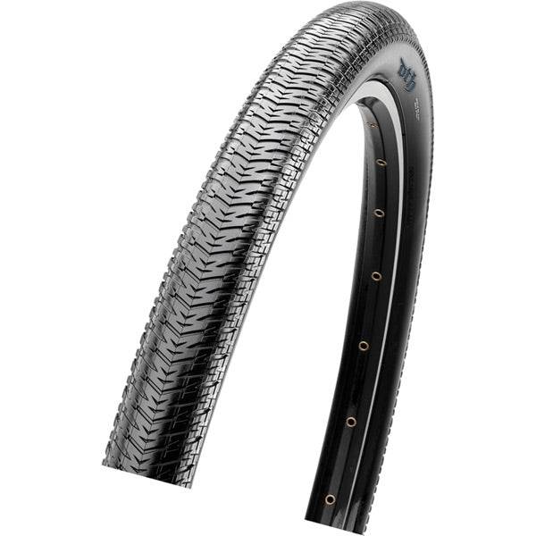 Maxxis DTH BMX tyre with Silkworm puncture protection and dual-compound tread, shown on a bike wheel for BMX riding.