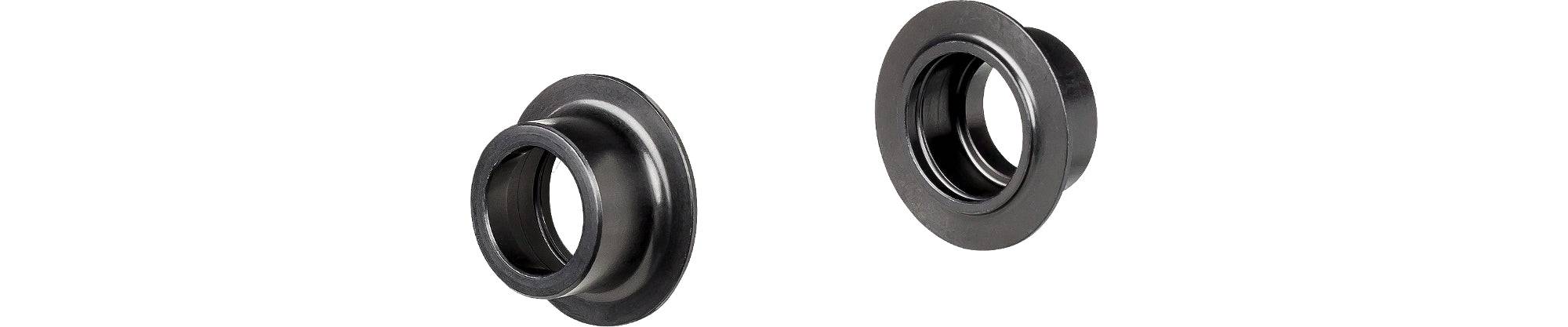 Black Bontrager Rhythm 15mm axle end caps for 100/110mm OLD front and rear bike hubs, component replacement parts.