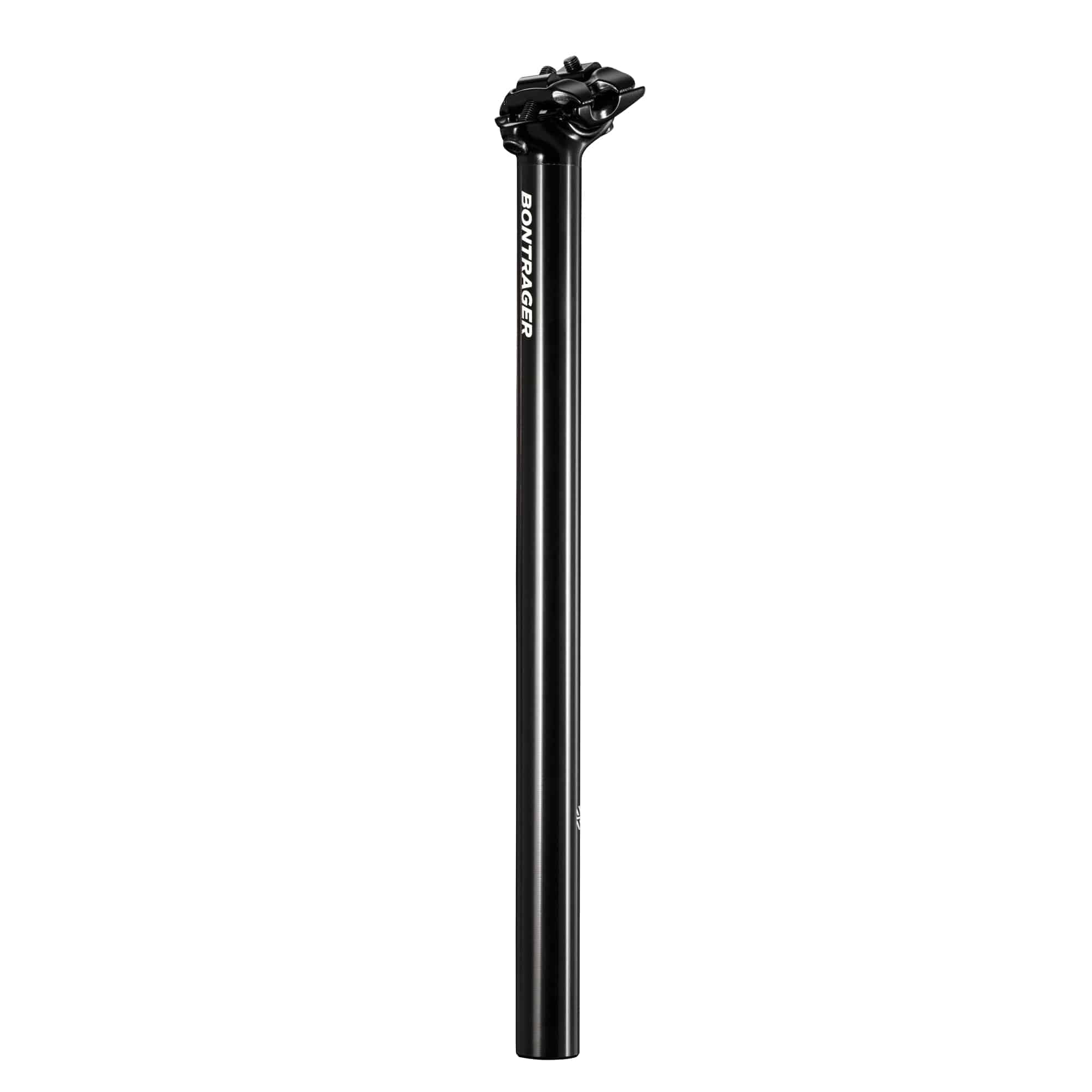 Bontrager Comp Alloy 2-Bolt adjustable bike seatpost for road and MTB, showing the sleek, lightweight design and clamp mechanism.
