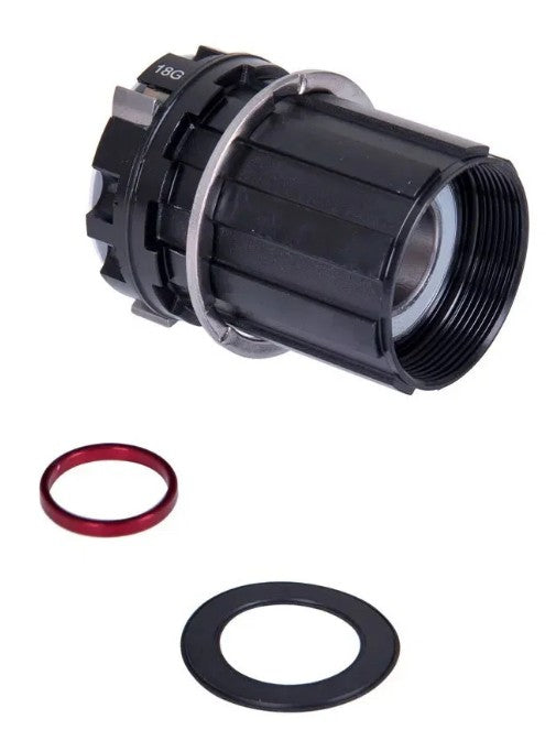 Upgrade Shimano HG-EV 11-speed 6-pawl freehub body for bike drivetrain, shown in close-up with metal and gear details.