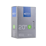 Schwalbe AV7 20-inch bicycle tube with Schrader valve, durable and recyclable, suitable for bike components.
