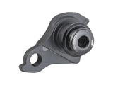 Black Trek universal rear derailleur hanger and thru axle compatible with bike components, shown on a bicycle.