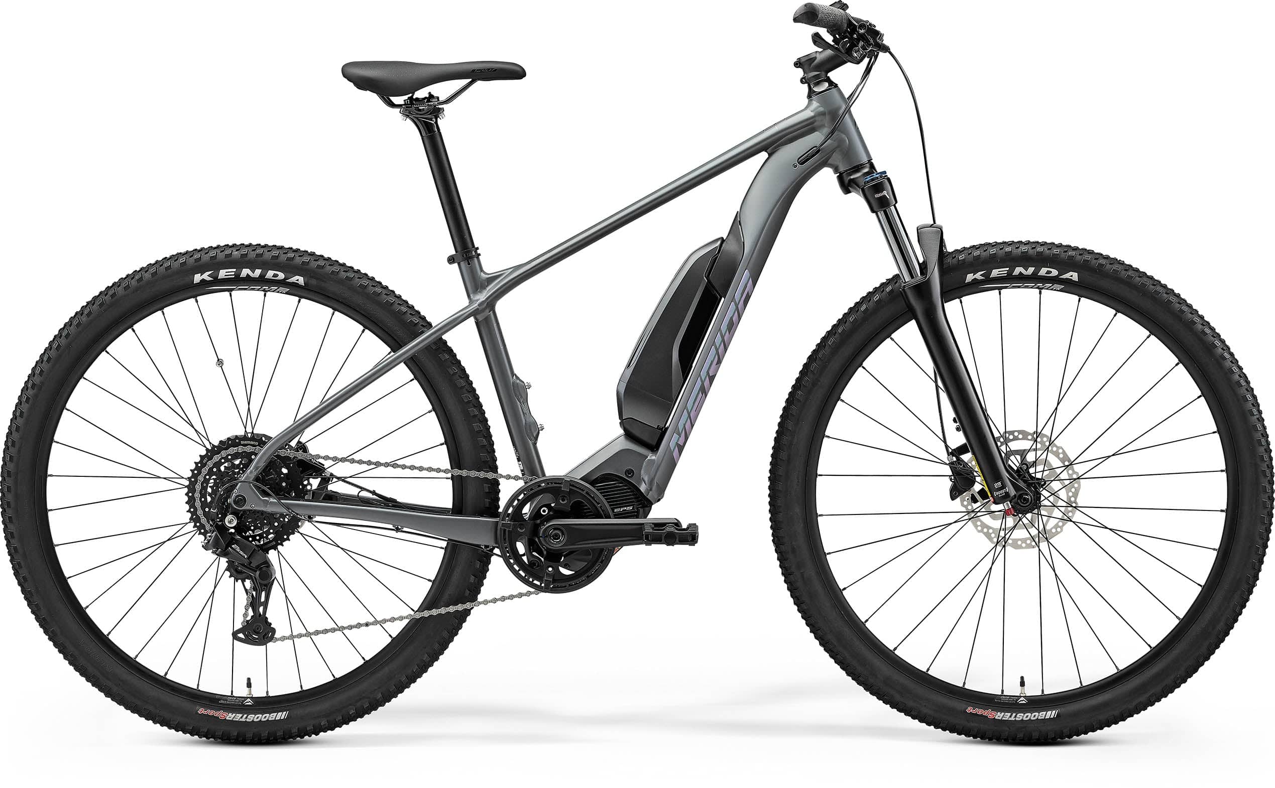 Merida eBig Nine 300 SE electric mountain bike with full suspension, Shimano EP5 motor, and gray-blue frame.