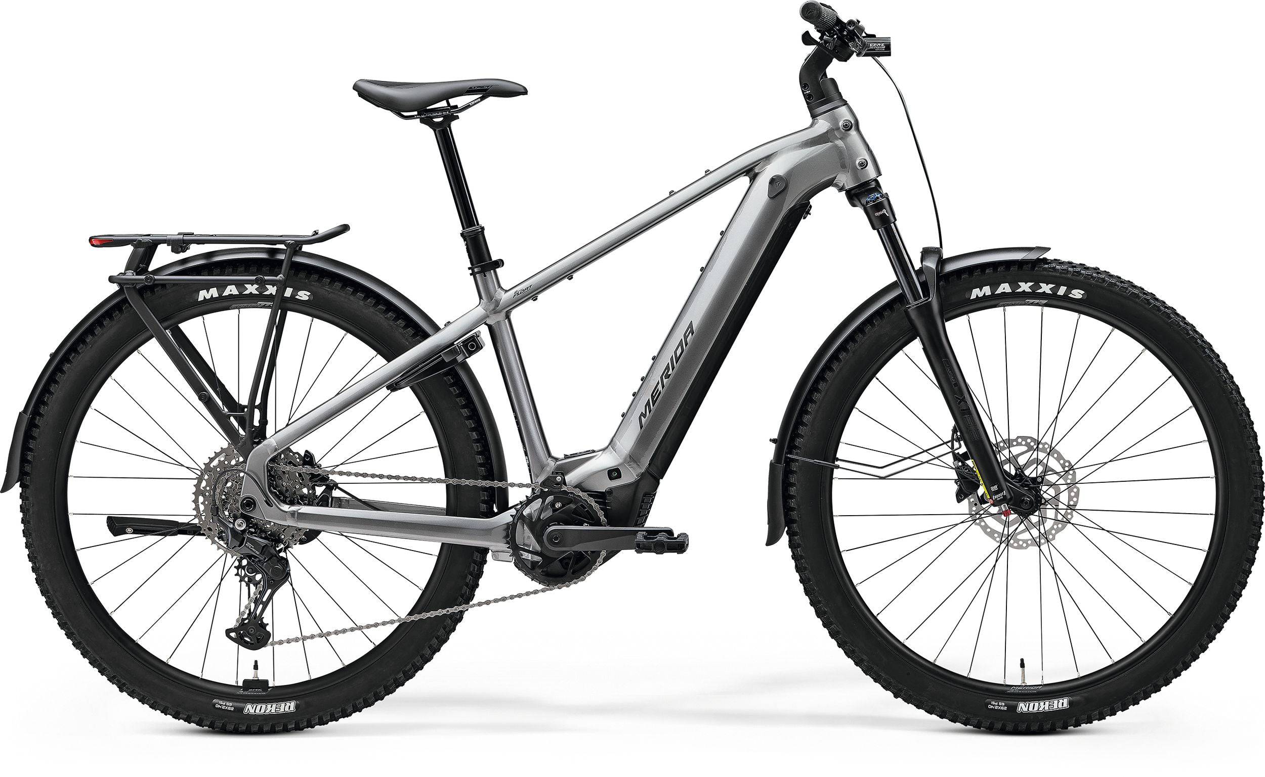 Merida eFloat CC 500 EQ electric hybrid bike with Bosch CX motor, 800Wh battery, suspension, MTB tires, and commuter accessories.
