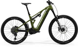 Merida eOne-Eighty FR 600 full suspension electric enduro mountain bike, featuring a green and white frame and rugged tires.