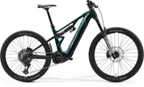 Merida eOne-Eighty FR 800 full suspension electric mountain bike with green frame and rugged tires, ready for off-road trails.