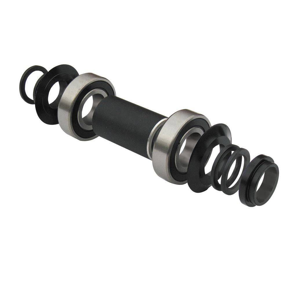 Gusset Components mid bottom bracket set with 19mm axle fitment and spacers, showing the metal components and installation parts.