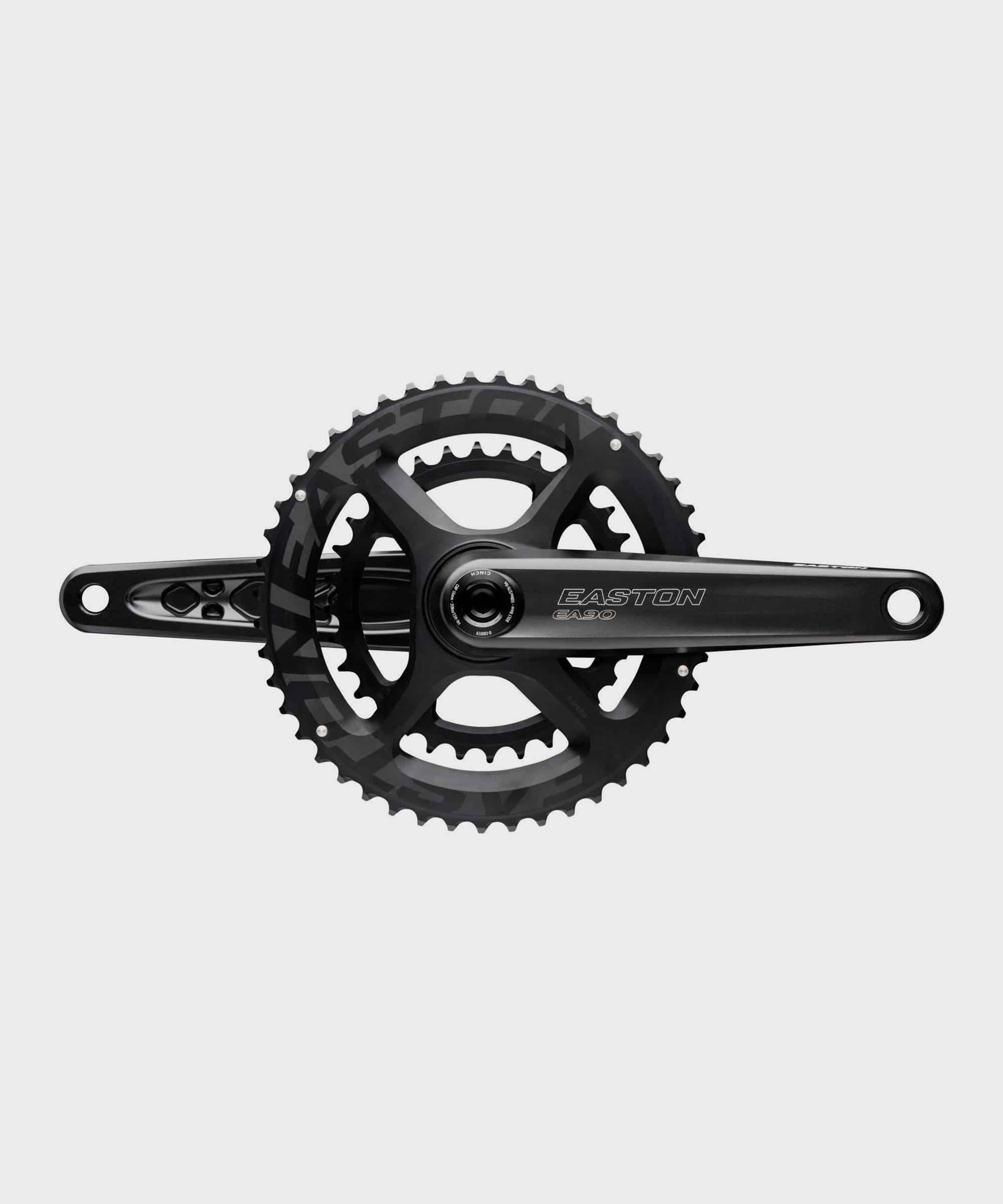 Easton EA90 crank arms for road, gravel, and cyclocross bikes, lightweight aluminum components with black finish and branding.