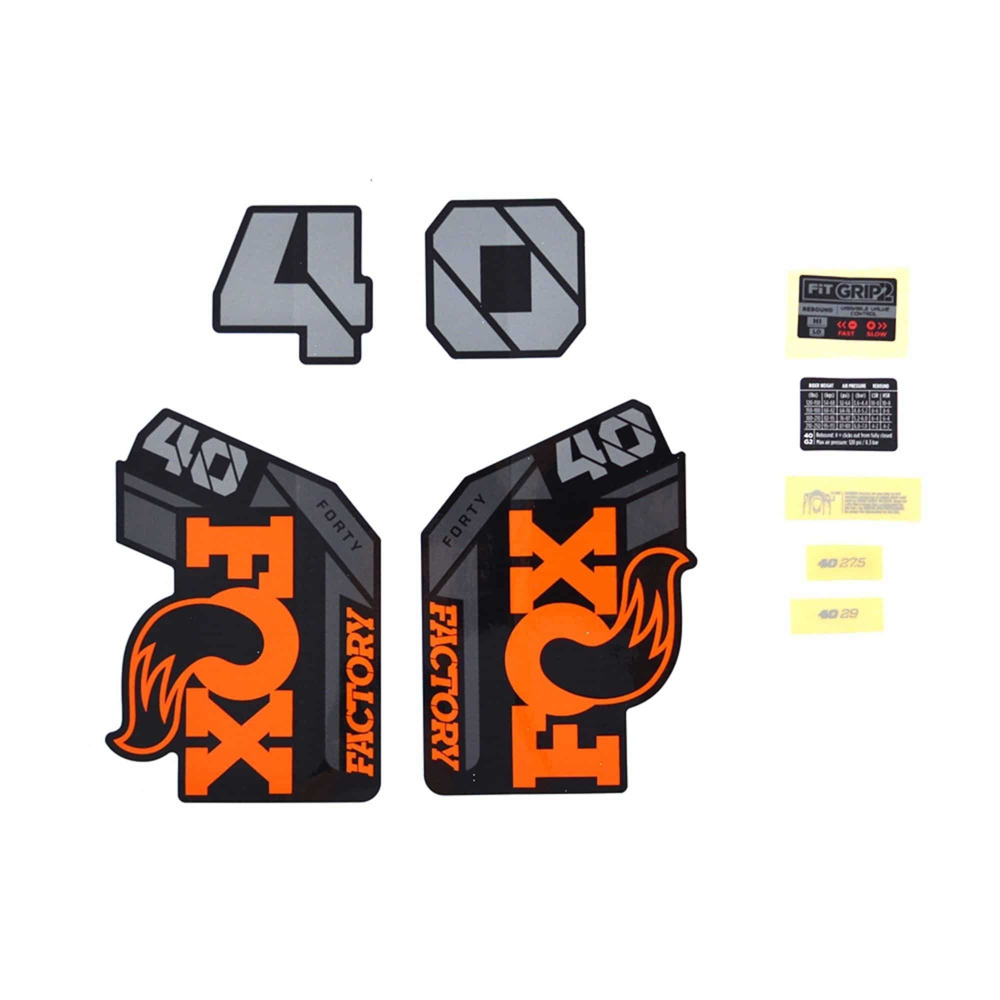 Fox Fork 40 Decal Kit 2021 with F-S orange logo on shiny black fork graphics for mountain bike components.