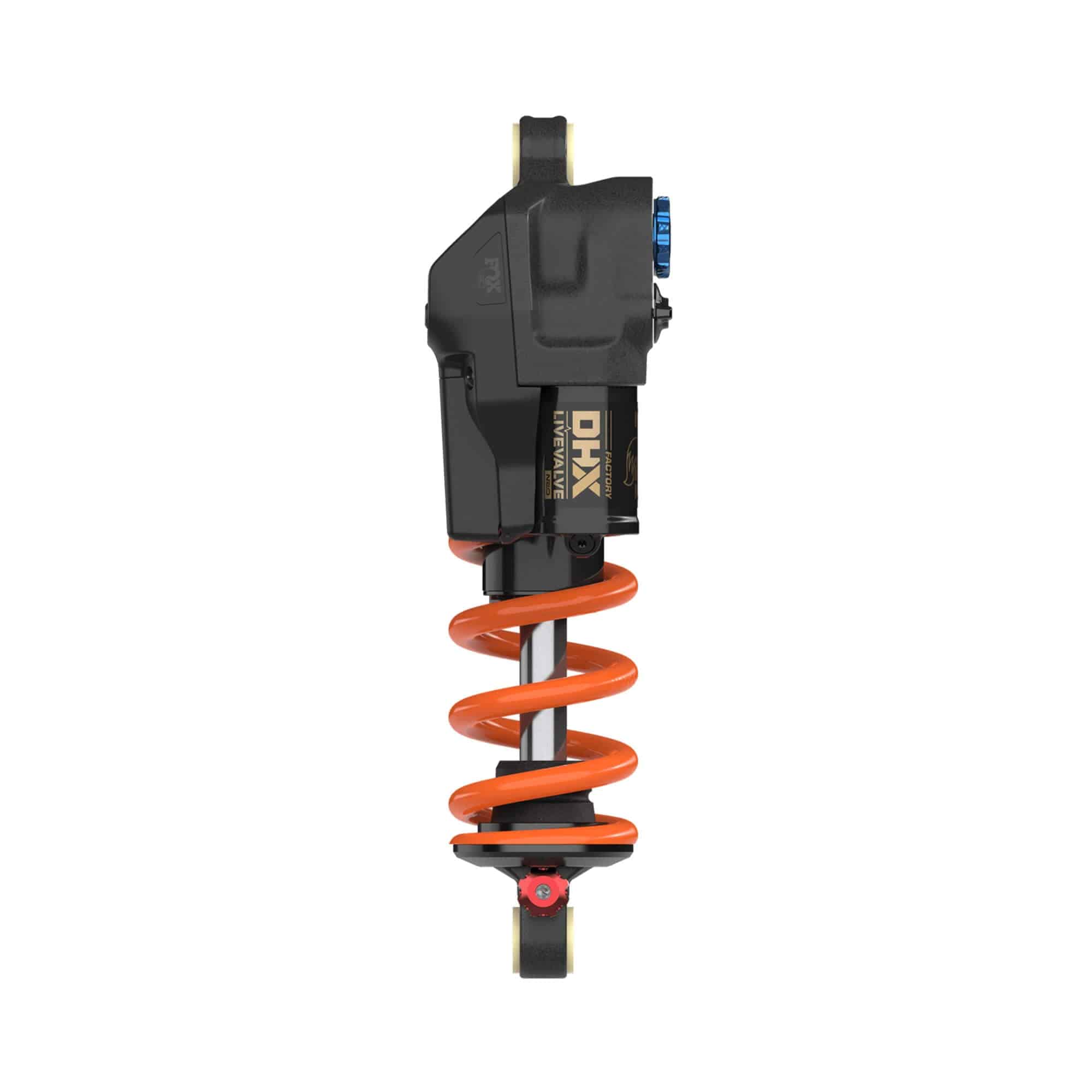 Fox DHX Live Valve Neo rear shock with sensor, electronic suspension component, designed for improved bike performance.