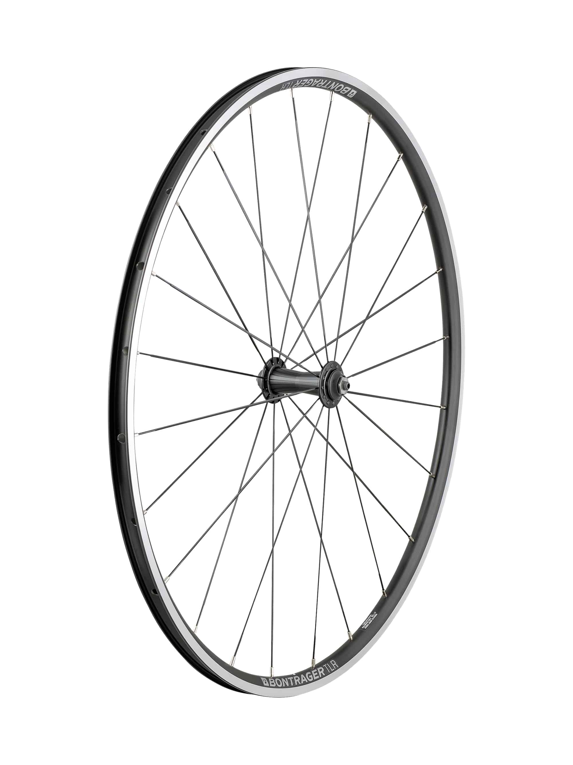 Bontrager Affinity TLR 700C road wheels with tubeless-ready alloy rims, Shimano compatible, shown from side view.