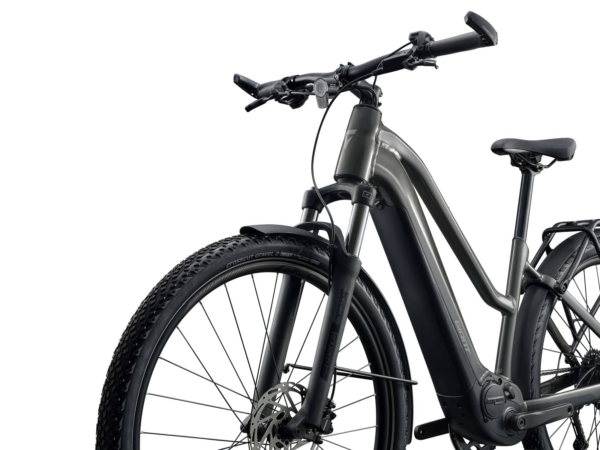 Giant Explore E+ 4 Stagger MY26 e-hybrid bike with long-range EnergyPak 800 battery and Aegis safety features, front view.