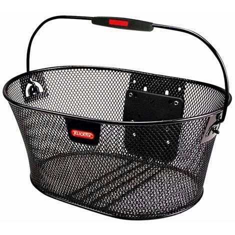 Rixen-Kaul Oval Mesh Bike Basket 16L mounted on handlebar with KLICKfix adapter, designed for bike accessories and storage.