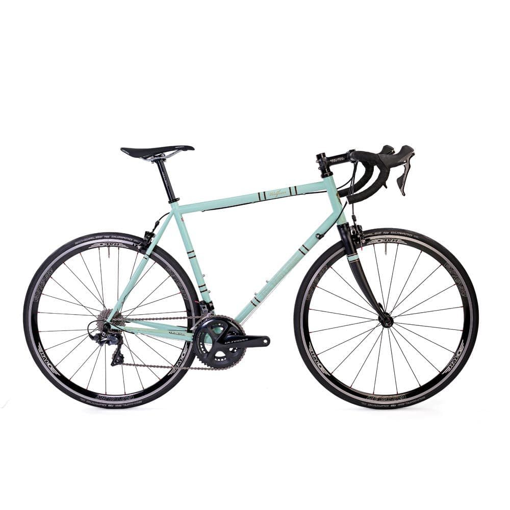 Light blue Wolfson road bike with Shimano Ultegra R8000 22-speed groupset, lightweight frame, and drop handlebars.