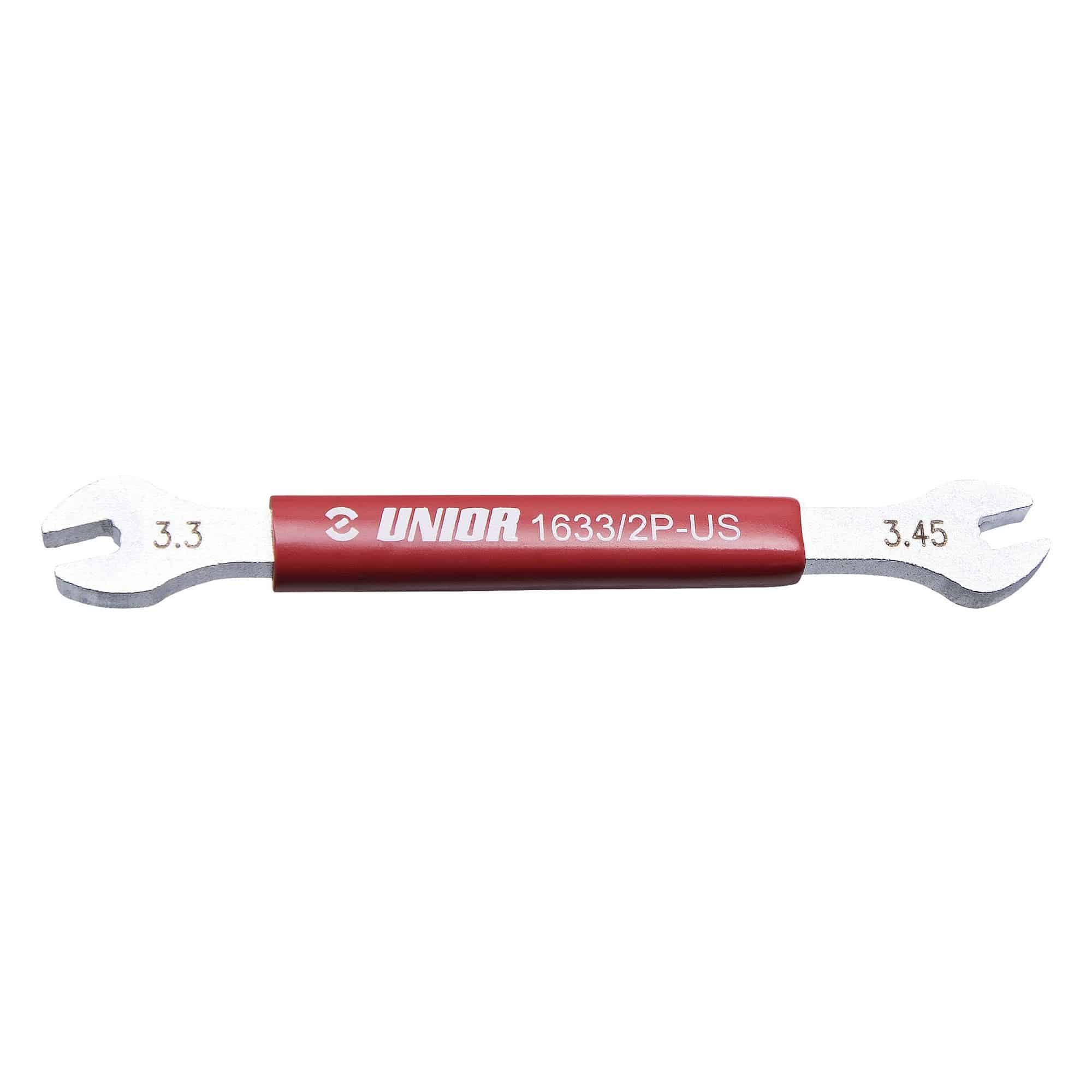UNIOR double-sided spoke wrench with plastic-coated grip for precise wheel spoke adjustments, workshop tool for bike maintenance.