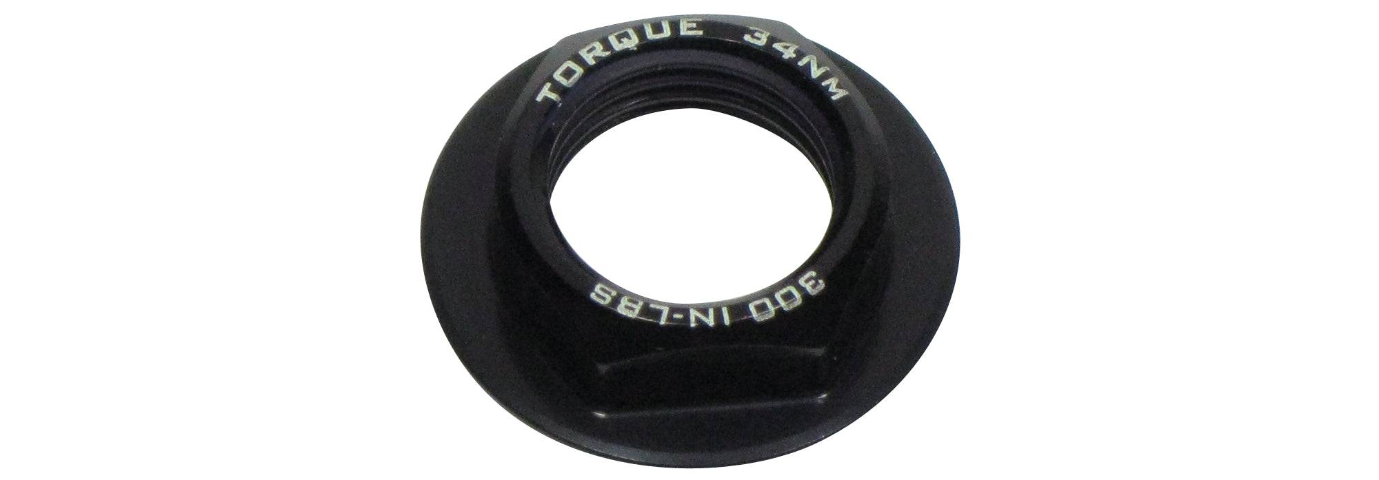 Trek black M16x6mm pivot axle nut for full-suspension bike components, shown on a bicycle part.