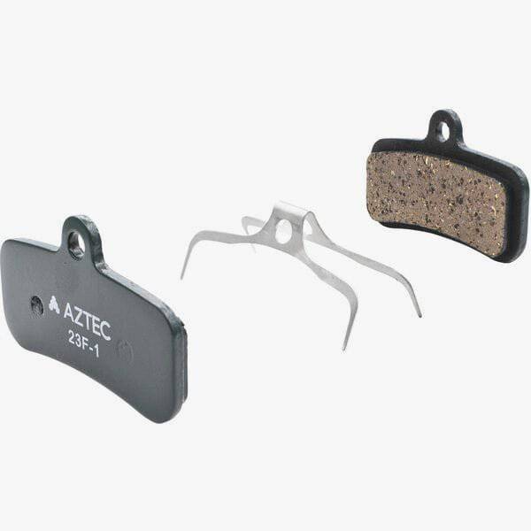 Aztec Shimano Saint M810 M820 Zee M640 and TRP Quadiem disc brake pads, professional bicycle components, close-up view