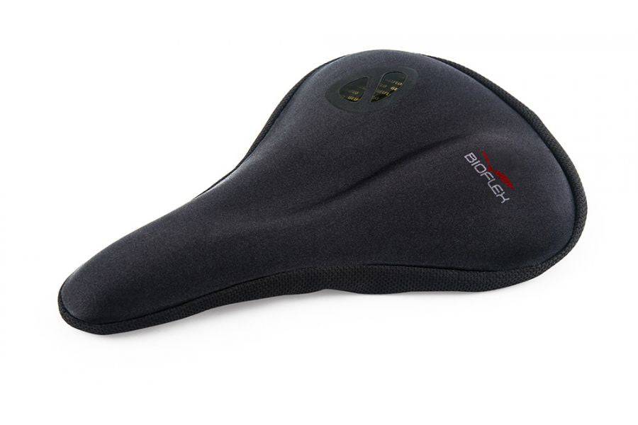 Bioflex OnGel Black Narrow Saddle Cover with Non-Slip Xpanda Stretch Fit, designed for comfortable bike saddle protection.