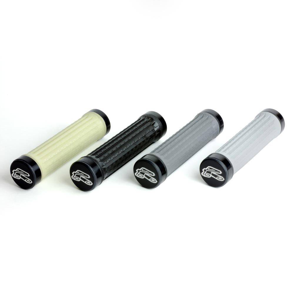 Renthal MTB grips with CNC locking collars for improved grip and control on mountain bikes, close-up view of the textured rubber surface.