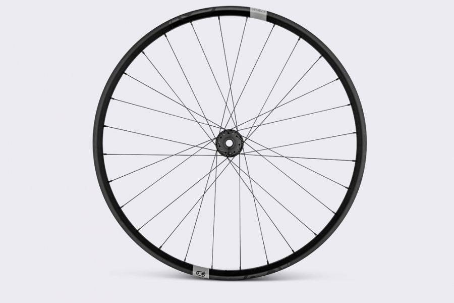 Crankbrothers Synthesis Alloy XCT 29-inch front wheel with black and grey finish, 6-bolt disc brake compatibility, Boost aluminum rim