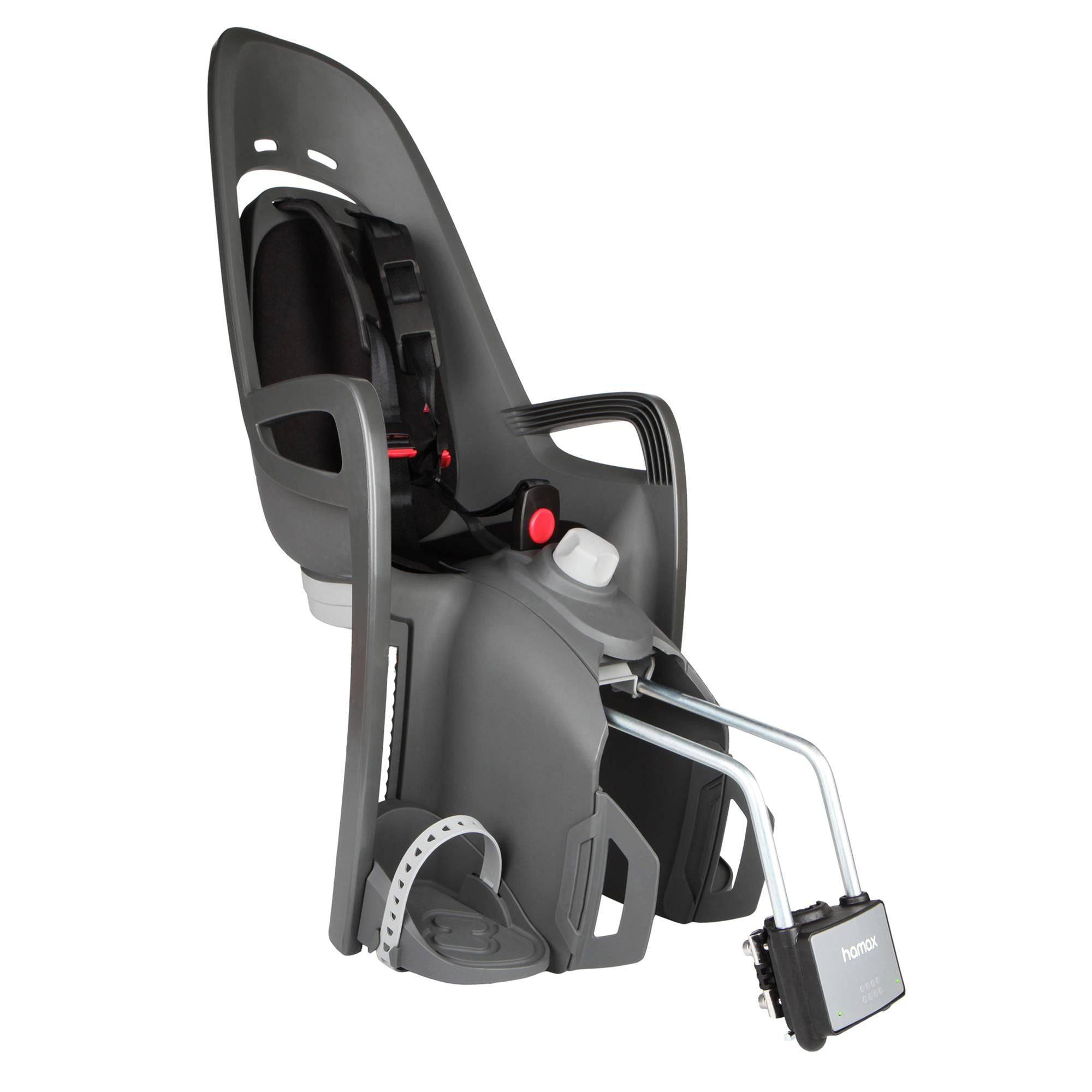 Hamax Zenith Relax child bike seat with adjustable recline and suspension, mounted on a bicycle for comfortable riding.
