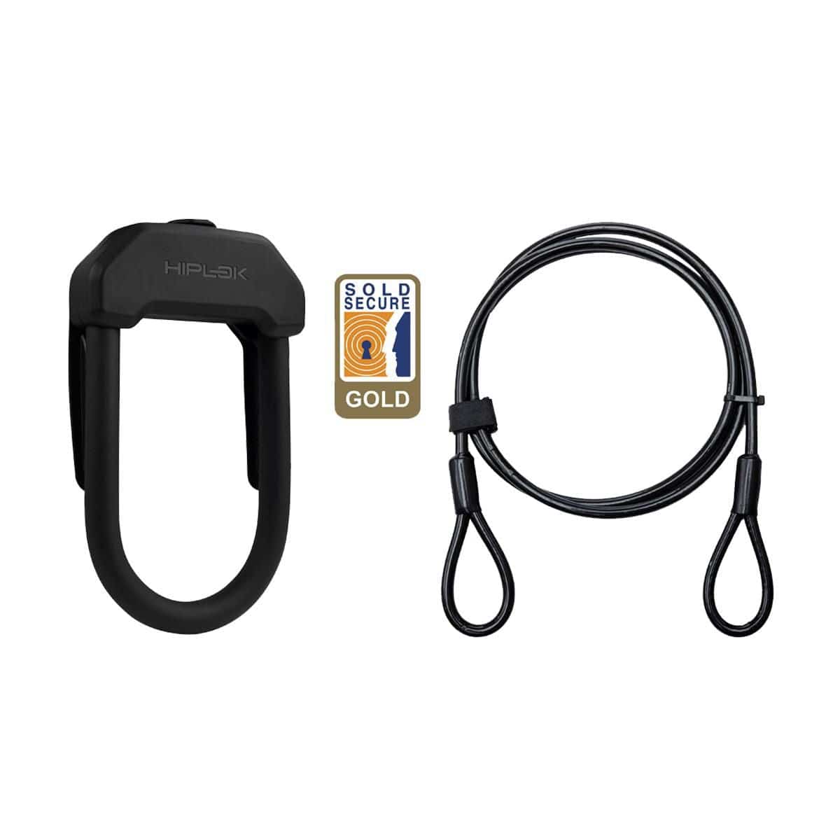 Hiplok DXP bike D-lock with 2m cable in black and gold, Sold Secure rated, durable bike security accessory