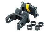 Topeak Fixer 3e front basket adaptor for standard bikes and e-bikes, black, showing attachment components on a bike.