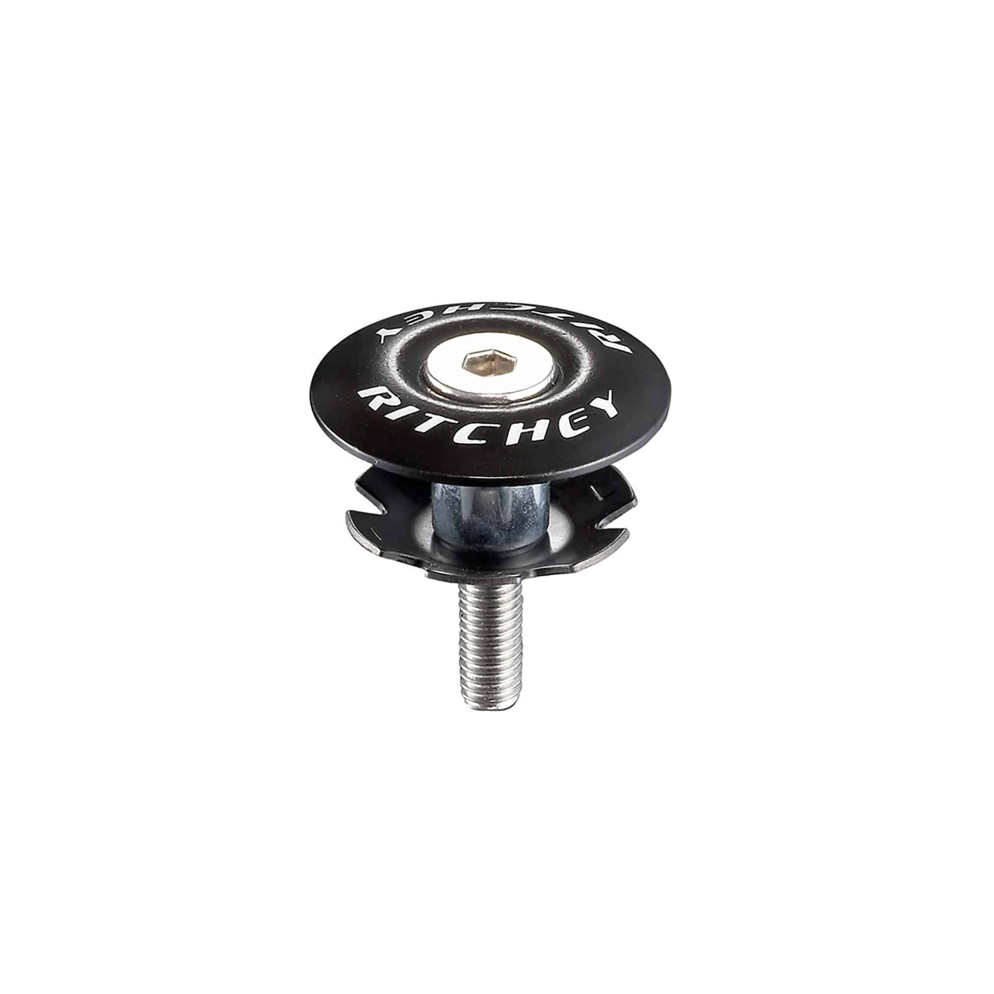 Ritchey Comp Steel headset starnut and black cap for 1-1/8-inch steel steerers, showing assembled components on a bike fork.