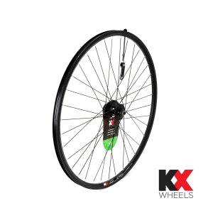 KX Wheels KX Hybrid 700C front wheel with double-wall rim, 36H, quick-release, disc brake compatible, black color.