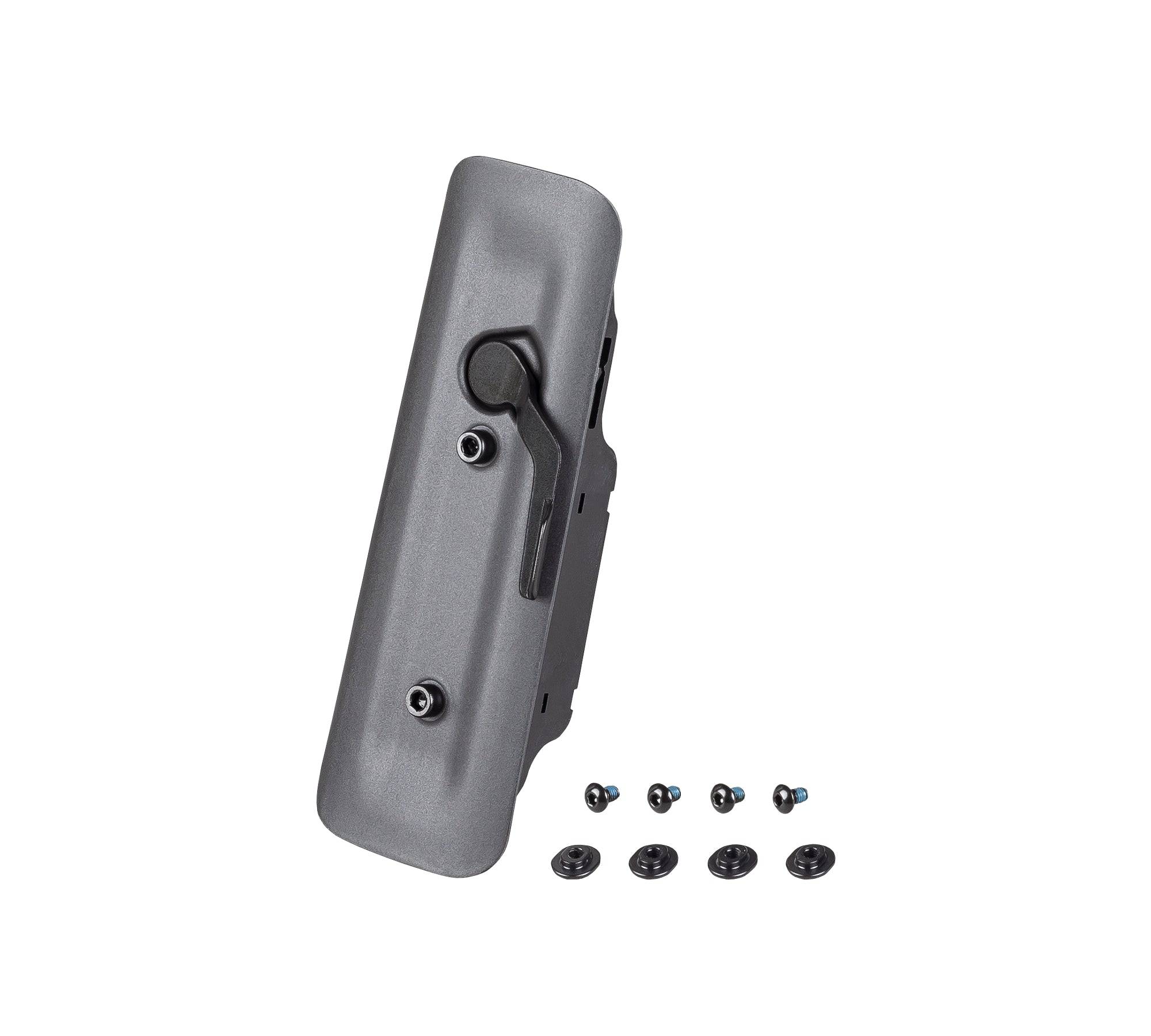 Trek Fuel EX black downtube storage door assembly for carbon frame protection, component part for mountain bike frame.