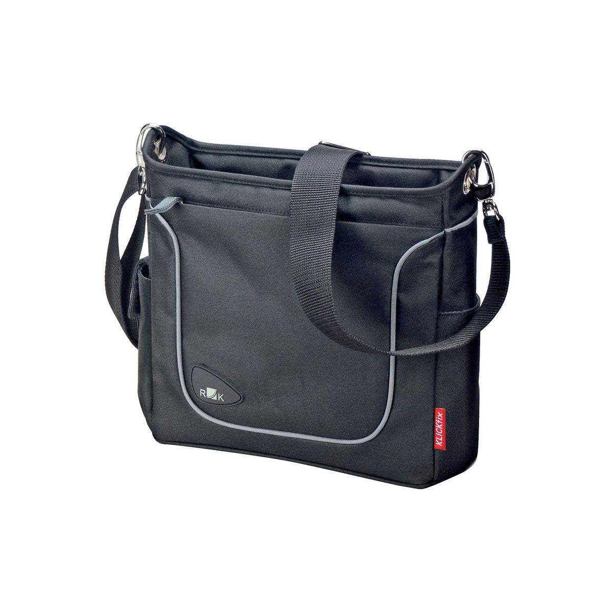 Rixen-Kaul Allegra 4L fashion bar bag with Klickfix handlebar adapter and shoulder strap, mounted on a bicycle handlebar.
