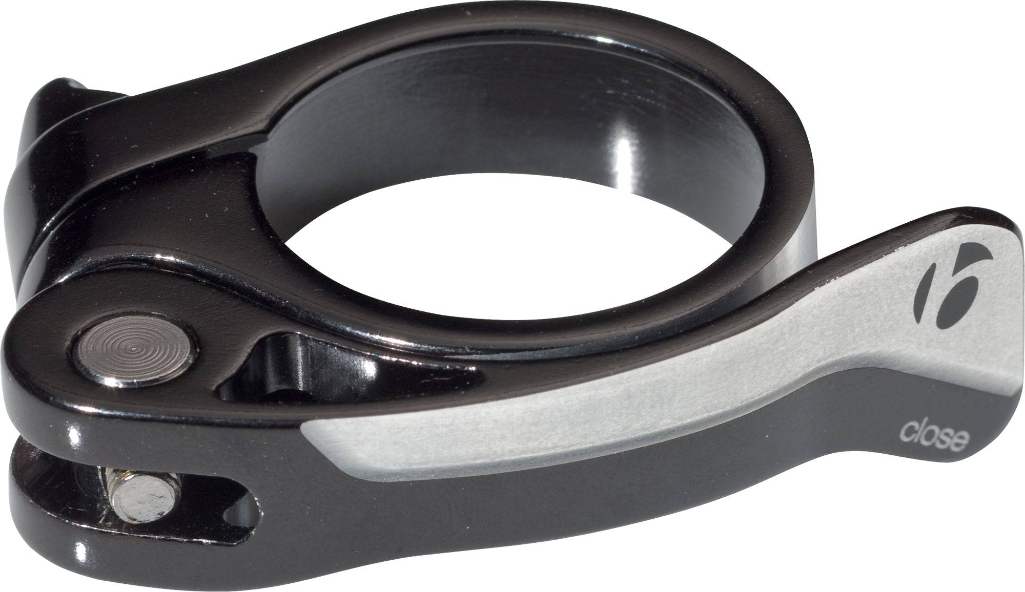 Bontrager carbon-friendly quick-release seatpost clamp in black, 36.4mm diameter, for bicycle seatpost adjustment.