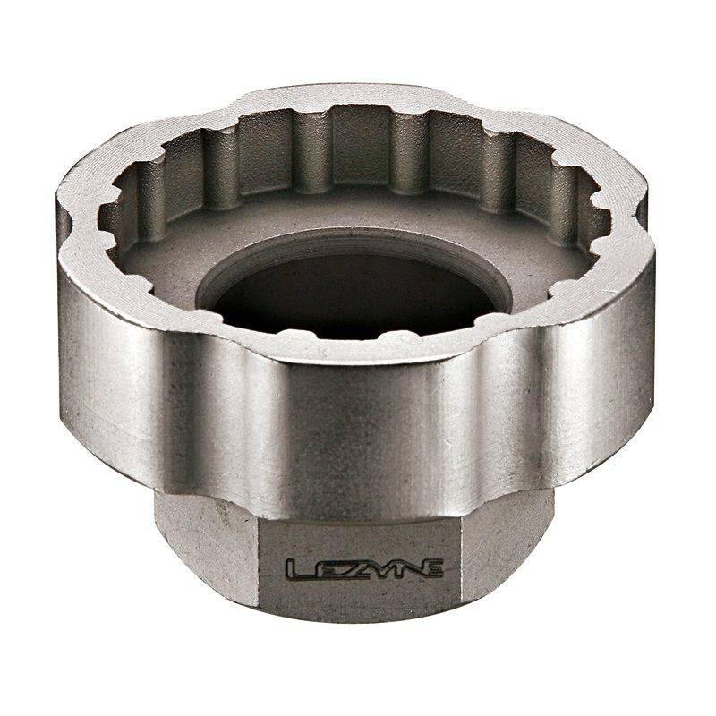 Lezyne external bottom bracket socket tool for 3/8" socket driver and wrench, used for bike maintenance and workshop repairs.