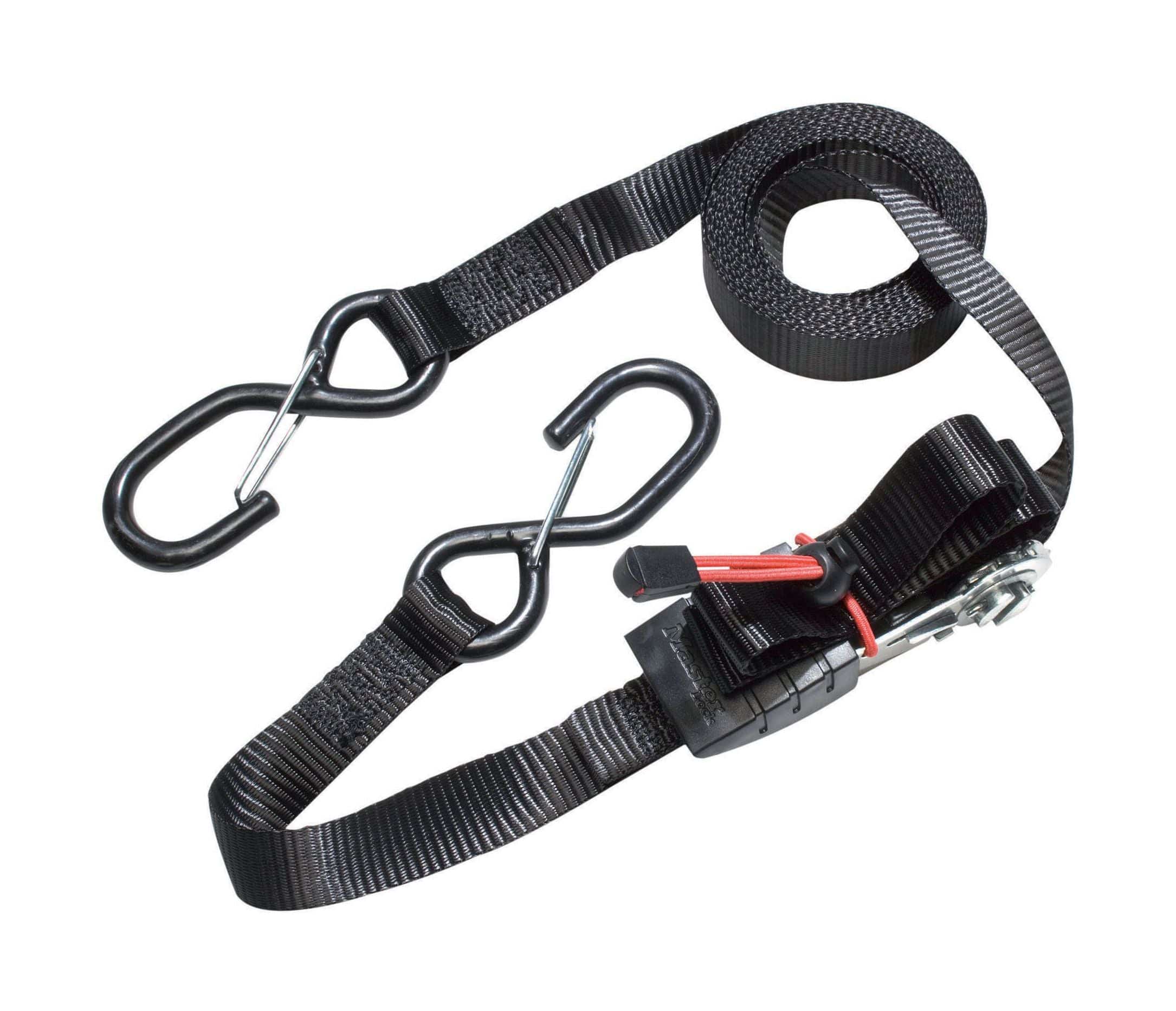 Master Lock ratchet tie down straps, 4.25m x 25mm, with strap trap system, shown in a workshop setting.