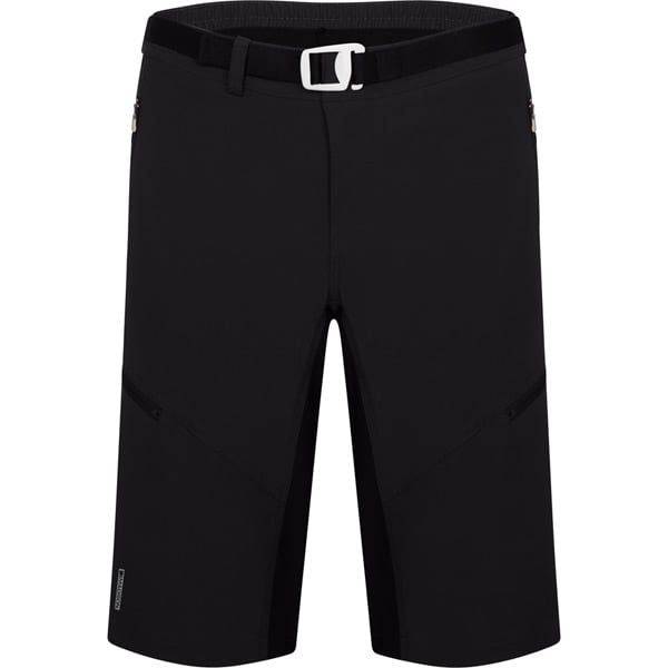 Madison men's black cycling shorts with removable padded liner, small size, shown on a model for trail riding.