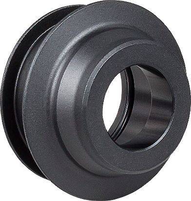 Black Bontrager DT240 12mm drive side axle end cap for 100mm OLD front hub replacement, shown on a bicycle wheel.