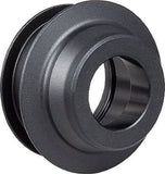 Black Bontrager DT240 12mm drive side axle end cap for 100mm OLD front hub replacement, shown on a bicycle wheel.