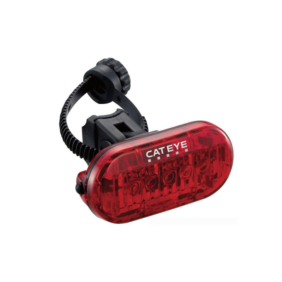 CatEye Omni 5 rear bike light with 5 LEDs, showcasing its compact design and multiple lighting modes for 360° visibility.