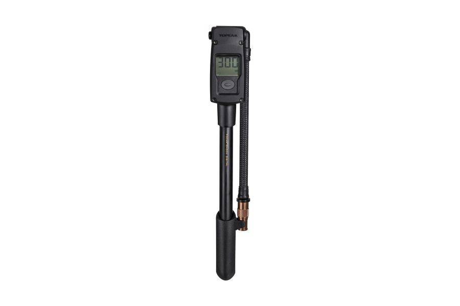 Topeak Pocket Shock Digital Shock Pump with Pressure-Rite connector, black, showing the compact pump with digital pressure display.