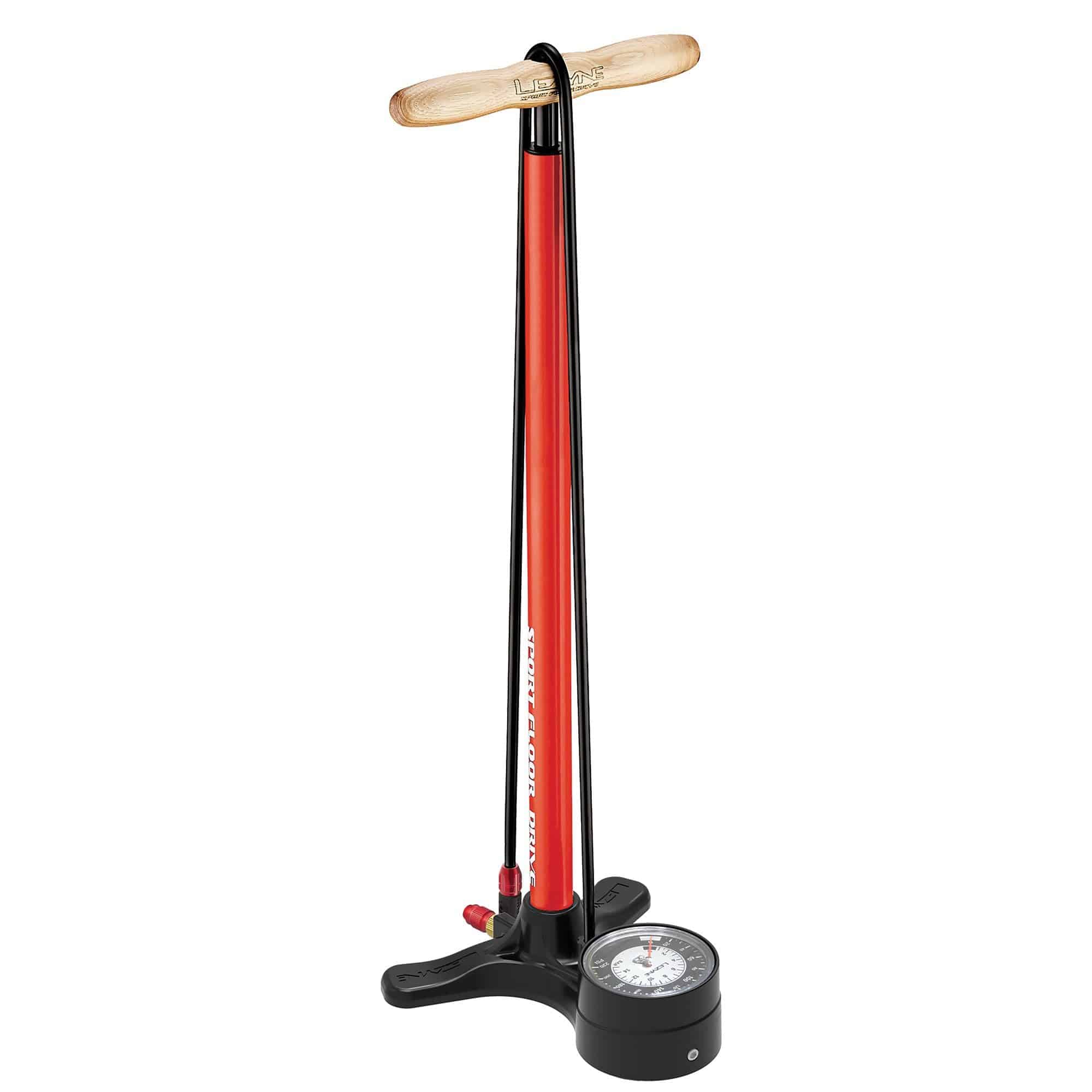 Lezyne Sport Floor Drive bike pump with 3.5-inch gauge, up to 220psi, black and silver, shown with hose and handle