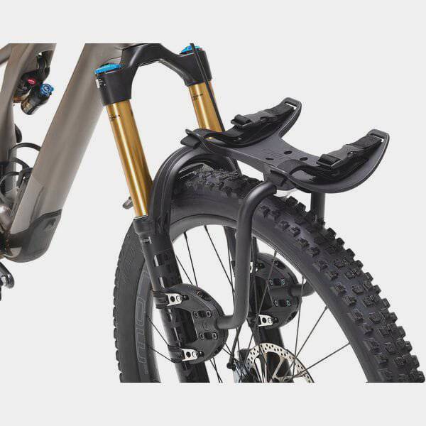 Aeroe Spider front rack for MTB and eMTB bikes with quick-release system, mounted on a mountain bike for added cargo capacity.