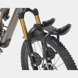 Aeroe Spider front rack for MTB and eMTB bikes with quick-release system, mounted on a mountain bike for added cargo capacity.