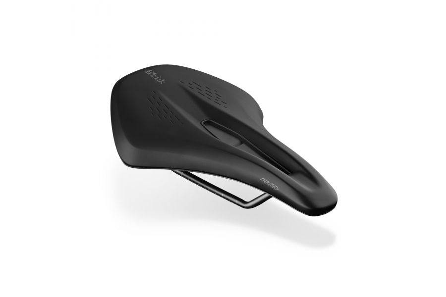 Fizik Terra Argo X3 gravel bike saddle with short-nose design and cut-out for comfort, shown from side angle.