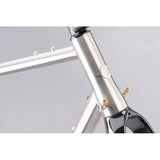 Genesis Croix De Fer Titanium gravel frameset with carbon fork and disc brake mounts, showcasing sleek tubing and mounting points.